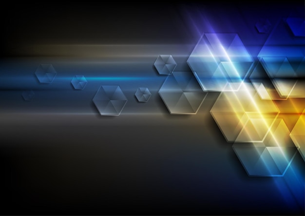 Hexágonos brillantes azules y amarillos fondo abstracto