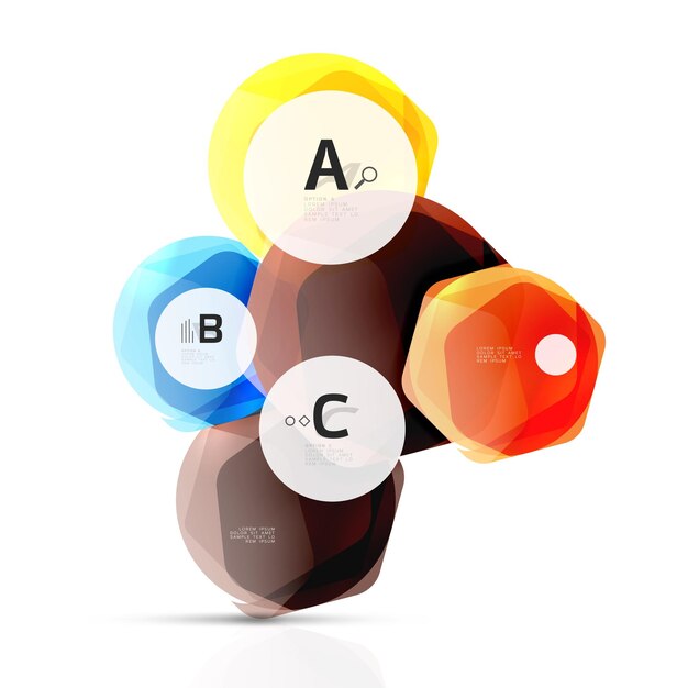 Hexágonos de color vidrio Diseño hexagonal de plástico brillante con texto e infografías de opciones