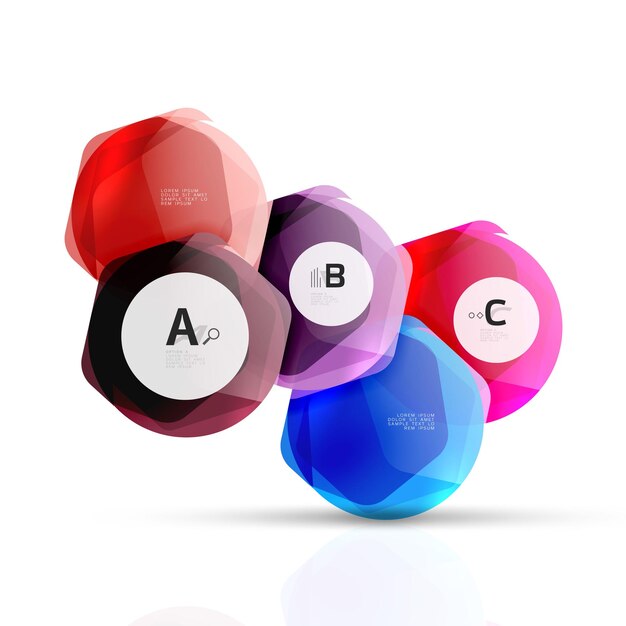 Hexágonos de color vidrio Diseño hexagonal de plástico brillante con texto e infografías de opciones