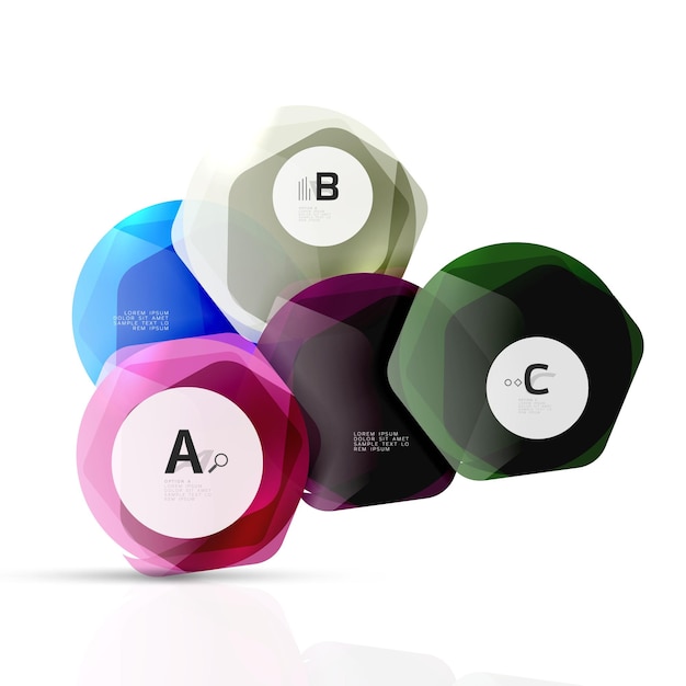 Hexágonos de color vidrio Diseño hexagonal de plástico brillante con texto e infografías de opciones