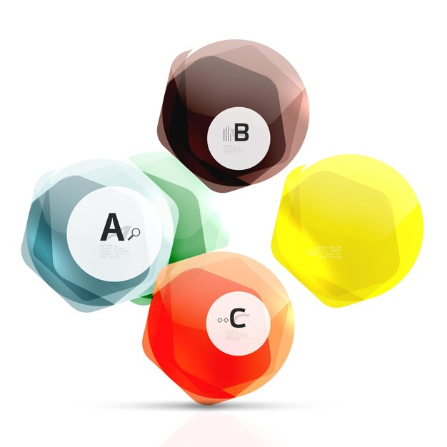 Hexágonos de color vidrio Diseño hexagonal de plástico brillante con texto e infografías de opciones