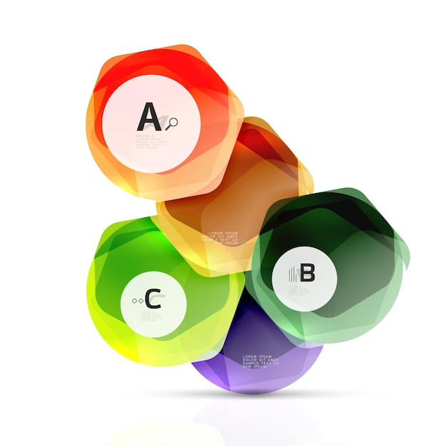 Hexágonos de color vidrio Diseño hexagonal de plástico brillante con texto e infografías de opciones
