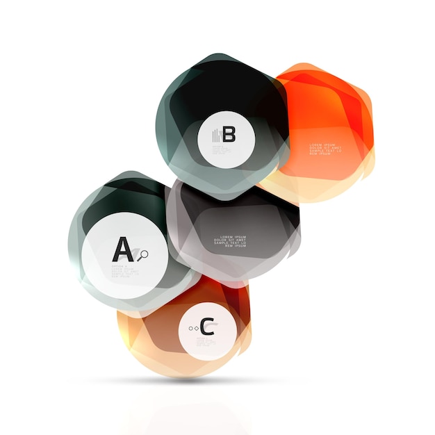 Hexágonos de color vidrio Diseño hexagonal de plástico brillante con texto e infografías de opciones