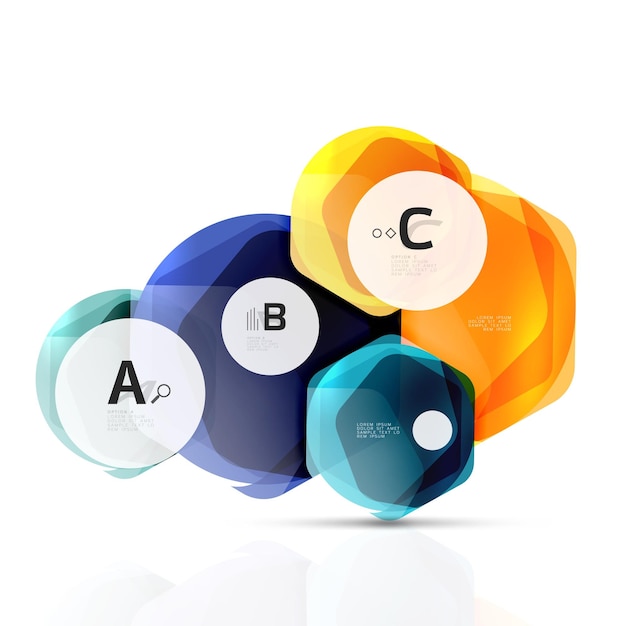Hexágonos de color vidrio Diseño hexagonal de plástico brillante con texto e infografías de opciones