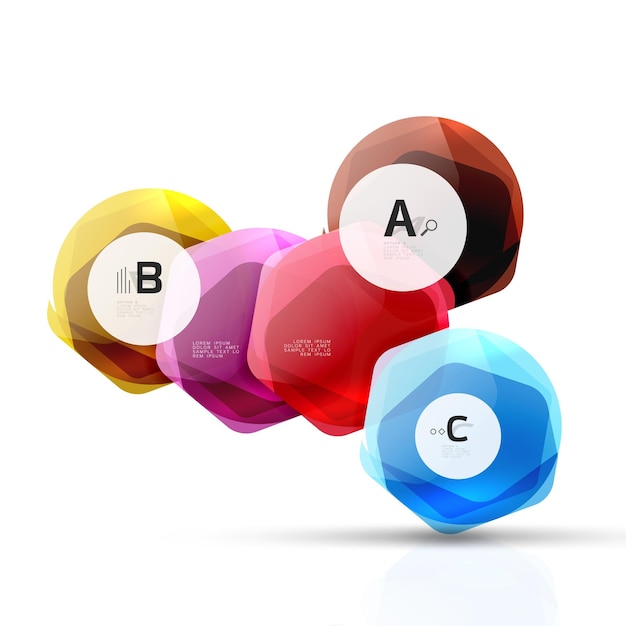 Hexágonos de color vidrio Diseño hexagonal de plástico brillante con texto e infografías de opciones