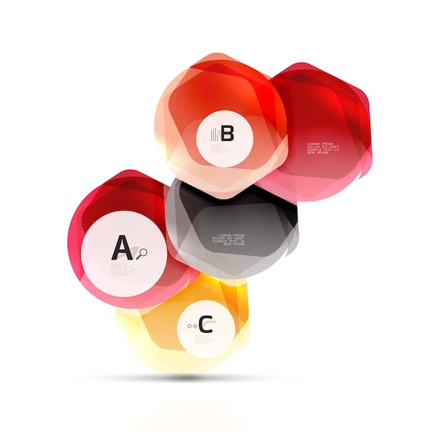 Hexágonos de color vidrio Diseño hexagonal de plástico brillante con texto e infografías de opciones