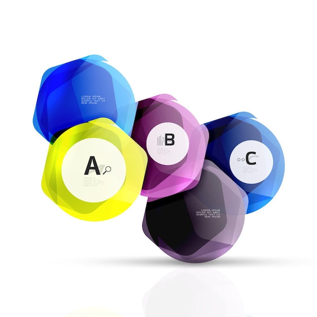 Hexágonos de color vidrio Diseño hexagonal de plástico brillante con texto e infografías de opciones
