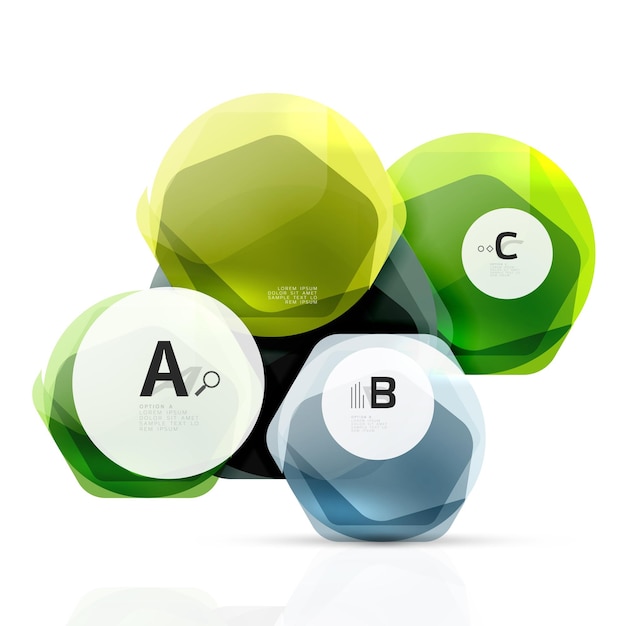 Hexágonos de color vidrio Diseño hexagonal de plástico brillante con texto e infografías de opciones