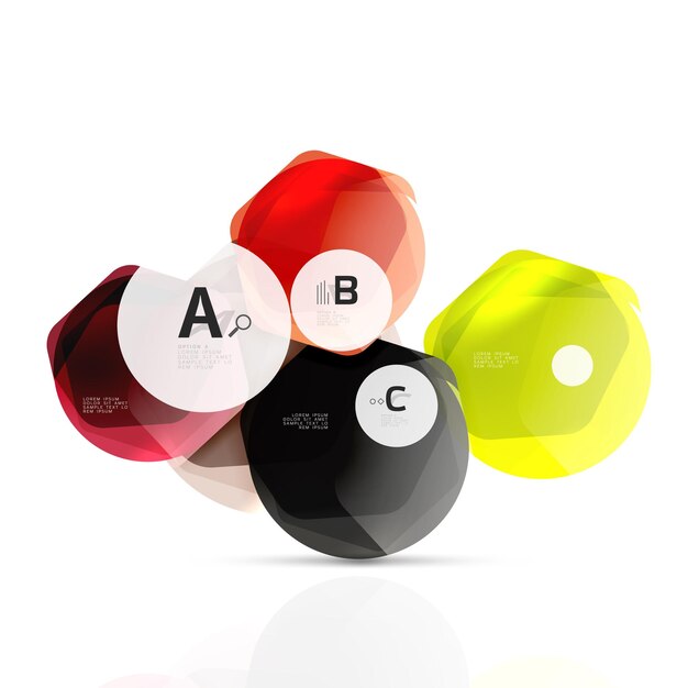 Hexágonos de color vidrio Diseño hexagonal de plástico brillante con texto e infografías de opciones