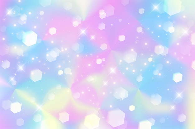 Vector hexágonos de fondo holográfico del arco iris color degradado pastel brillo del cielo y bokeh galaxia mágica