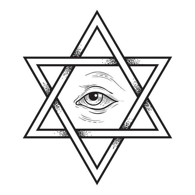 Hexagrama y todo ojo vidente dibujo a mano punto trabajo antiguo símbolo pagano de la estrella de seis puntas