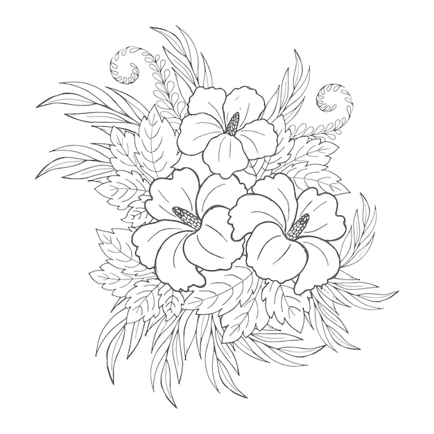 Hibiscus line art dibujos hechos a mano páginas para colorear para niños y adultos