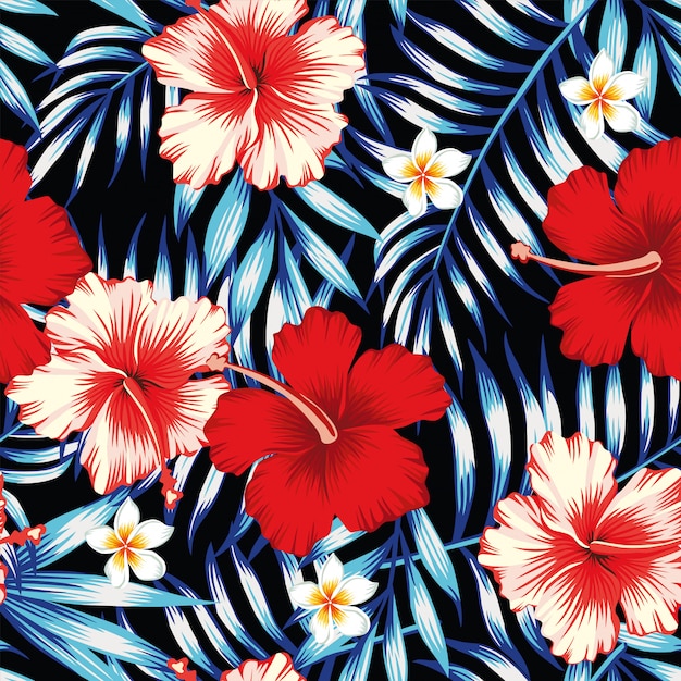 Vector hibiscus rojo y hojas de palma fondo transparente azul