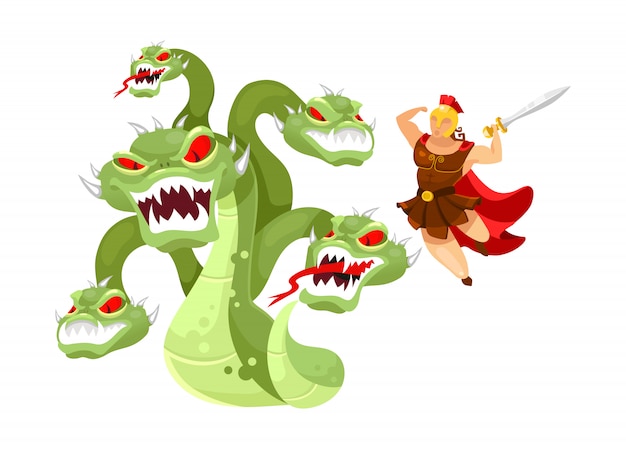 Hidra y Hércules ilustración plana. Héroe que ataca al monstruo mitológico. Mitología griega. Doce labores de Herakles. Lucha con el personaje de dibujos animados bestia aislado sobre fondo blanco.