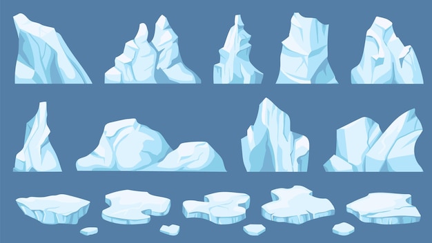 Hielo ártico de dibujos animados. Icebergs, témpanos azules y cristales de hielo