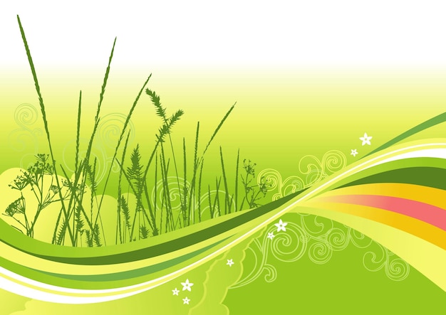 Hierba flores y líneas abstractas vector de fondo