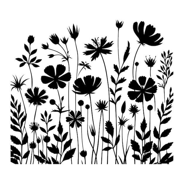 Hierba con hierbas y flores silvestres Vector silueta aislada de prado floral Frontera horizontal