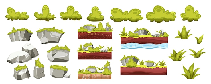 Vector hierba y rocas mega conjunto en diseño gráfico de dibujos animados bundle elementos de arbustos verdes piedras grises con plantas de musgo hojas de suelo capas de activos para la interfaz de juego ilustración vectorial objetos aislados