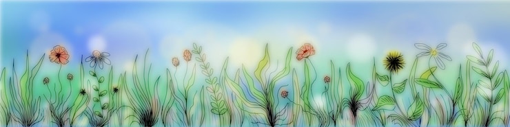 Vector la hierba silvestre dibujada a mano y las flores contra el cielo azul brillante prado de primavera
