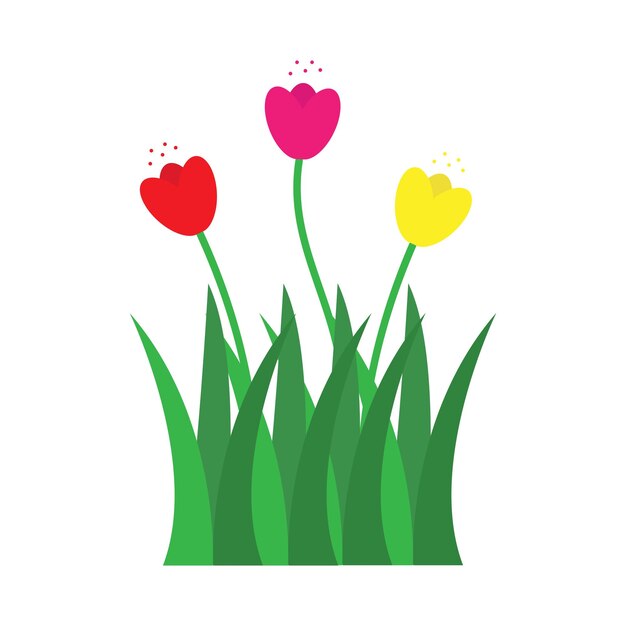 Hierba verde fresca con flores multicolores Vector ilustración plana
