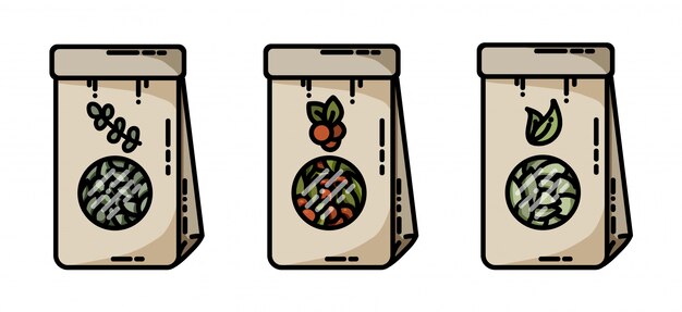 Hierbas secas té artesanía bolsas vector iconos planos