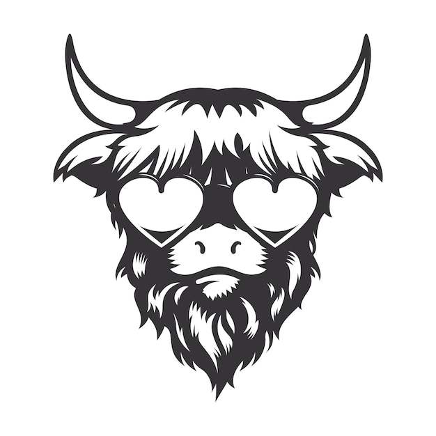 Highland cow in love head design con corazón sin canto. animal de granja. logotipos o iconos de vacas. ilustración vectorial.