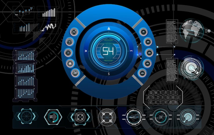 Vector hightech digital interface displaying data metrics and analytics for realtime monitoring and analysis
