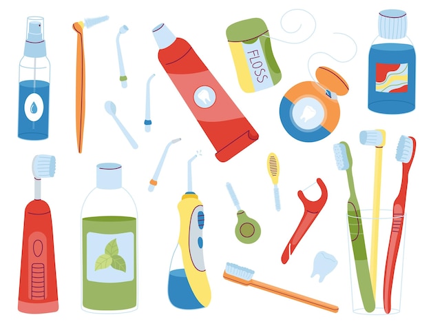 Higiene dental Productos de odontología linda pasta de dientes enjuague bucal e hilo dental Herramienta de medicina plana prevención de enfermedades orales objetos Estomatología conjunto de vectores decentes