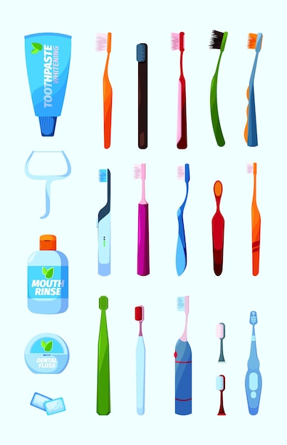 Higiene oral Equipo médico para limpiar dientes cepillos de dientes herramientas de ortodoncia pasta enjuagues bucales agua chillón conjunto de vectores
