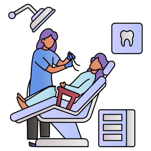 Vector higienista dental mujer joven que visita al dentista diseño vectorial símbolo de escena médica y sanitaria