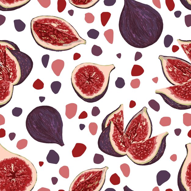 Higos frutos de patrones sin fisuras. Ilustración vectorial realista. Adorno de frutas exóticas. Diseño abstracto para impresión, textil, papel pintado, decoración, fondo.