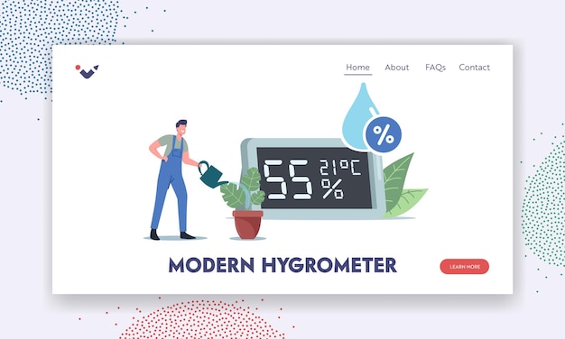 Higrómetro moderno para plantilla de página de aterrizaje de medición de humedad del aire. Pequeñas plantas de riego de personajes masculinos cerca de enormes termohigrómetros muestran datos de atmósfera y microclima. Ilustración vectorial de dibujos animados