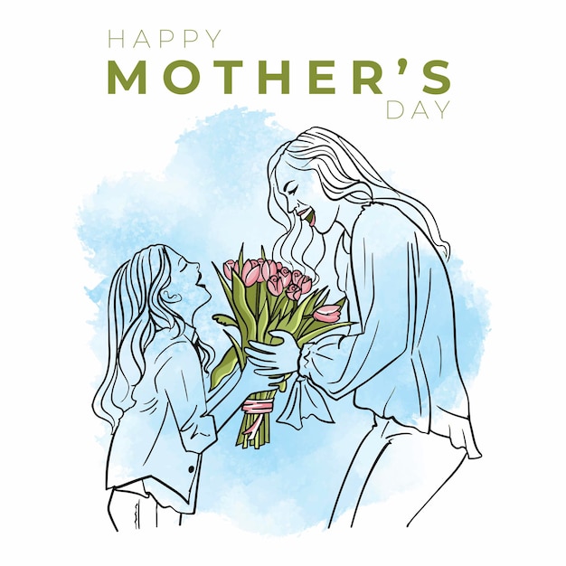 Hija del día de la madre dando flores a la madre.