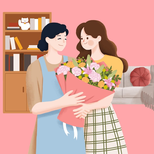 La hija envía un ramo de flores a su madre en el Día de la Madre