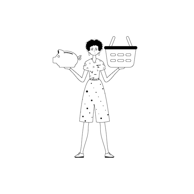 La hija está sosteniendo un banco de ahorro de inundación hogish y un cochecito de mano estigmatizado y un lápiz analógico blanco de estilo trendy Vector Illustration
