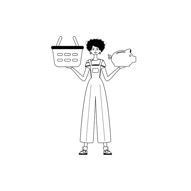 La hija está sosteniendo un banco de ahorro de inundación hogish y un cochecito de mano estigmatizado y un lápiz analógico blanco de estilo trendy Vector Illustration