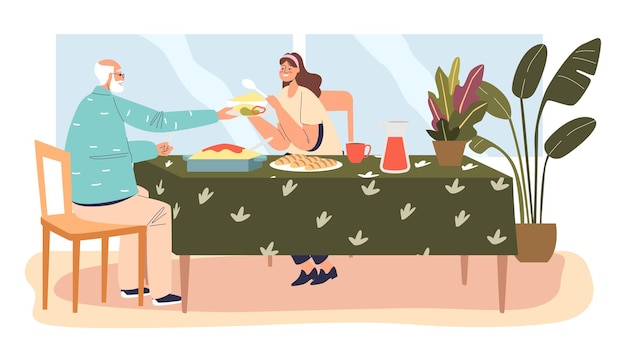 Hija y padre mayor cenando juntos. mujer joven comiendo con su abuelo en casa. nieta visita a papá mayor. ilustración de vector plano de dibujos animados