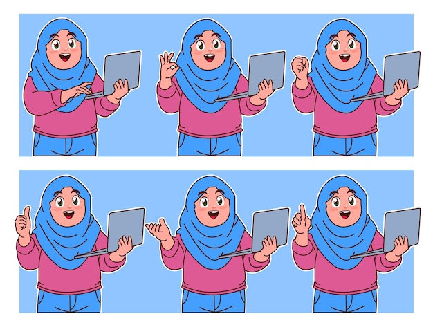 Hijab niño sosteniendo y usando una computadora portátil