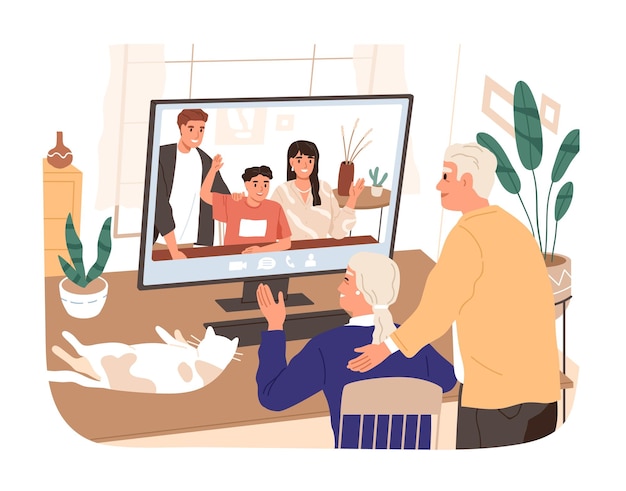 Hijos adultos y nietos charlando con parientes ancianos vector ilustración plana. Hombre y mujer de edad hablando haciendo videollamadas en línea usan computadora aislada. Comunicación web familiar.
