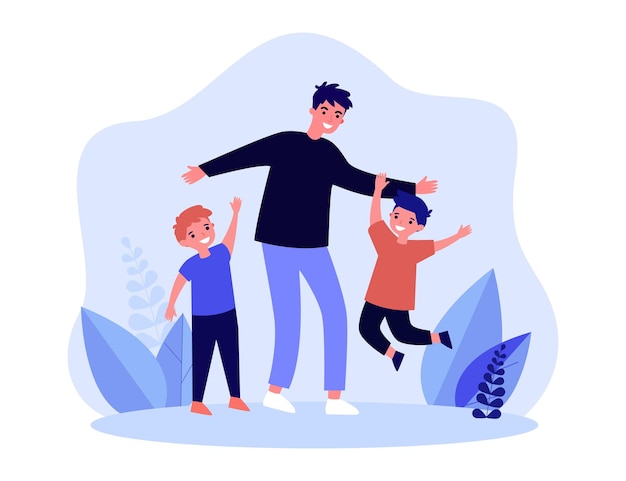 Hijos felices de dibujos animados saltando alrededor del padre. Hombre sonriente jugando con niños ilustración vectorial plana. Familia, paternidad, amor, concepto de infancia para banner, diseño de sitio web o página web de inicio