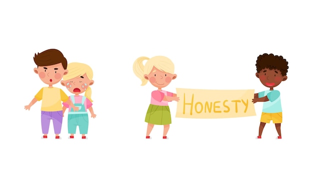 Hijos honestos y justos juegos de niños protegiendo a uno más joven y sosteniendo una pancarta con inscripción de honestidad ilustración vectorial de dibujos animados
