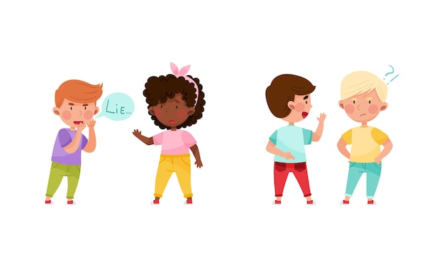 Hijos honestos y justos niños que dicen mentiras y verdades ilustraciones vectoriales de dibujos animados