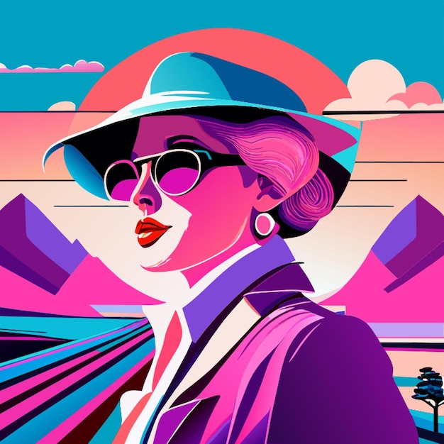 Vector hiperrealista cool de los años 90 elegante dama en un vasto retro vintage paisaje ilustración vectorial