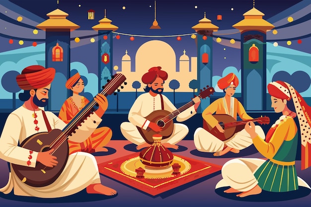 Vector un hipnotizante concierto de sitar con maestros músicos tocando ragas tradicionales indias y hipnotizando al público con sus actuaciones virtuosas