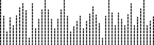 El hipnotizante patrón de ondas sonoras de puntos negros forma una silueta del paisaje urbano contra un fondo blanco que mezcla el ritmo musical y la tecnología en un gráfico moderno
