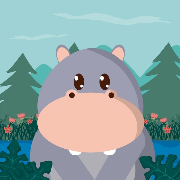 Hipopótamo en bosque lindo dibujos animados de animales
