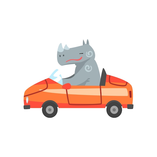 Hipopótamo conduciendo personaje animal de coche rojo usando ilustración de vector de vehículo sobre fondo blanco