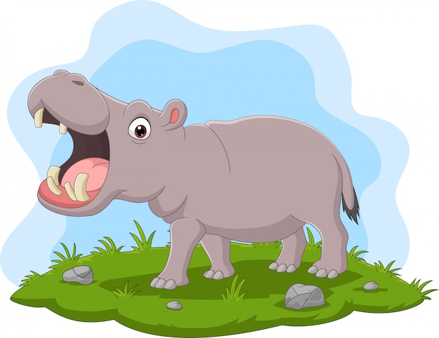 Hipopótamo de dibujos animados con la boca abierta en la hierba | Vector Premium Hipopótamo de dibujos animados con la boca abierta en la hierba | Vector Premium