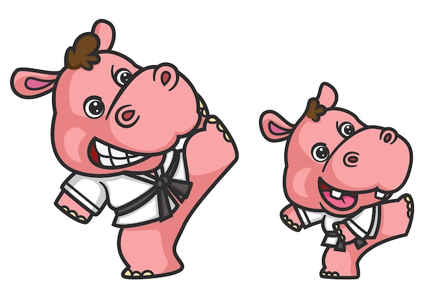 Hipopótamo de dibujos animados y hipopótamo bebé haciendo actividad de karate juntos