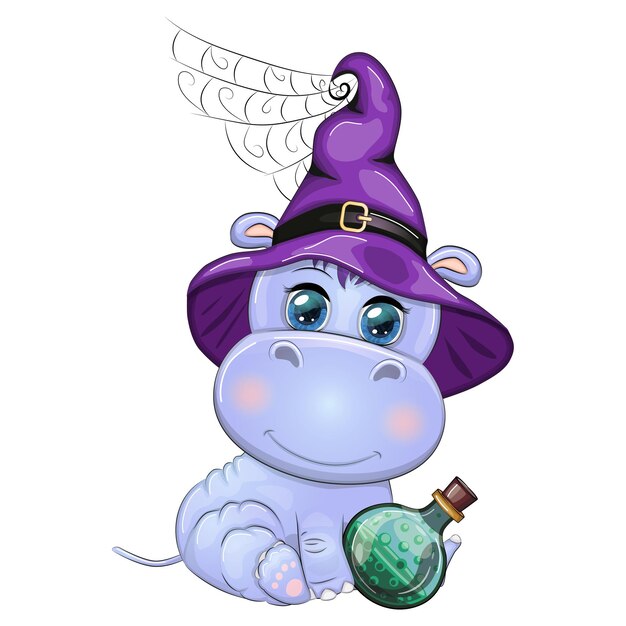 Hipopótamo de dibujos animados con una poción en un sombrero de bruja púrpura y una capa póster de Halloween